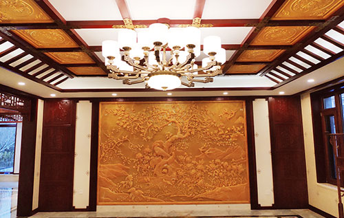 瓮安中式别墅客厅中式木作横梁吊顶装饰展示