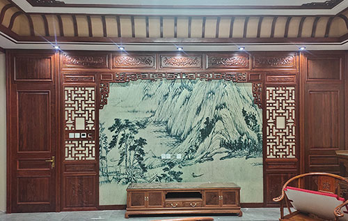 瓮安中式仿古别墅客厅背景墙花格木作装饰